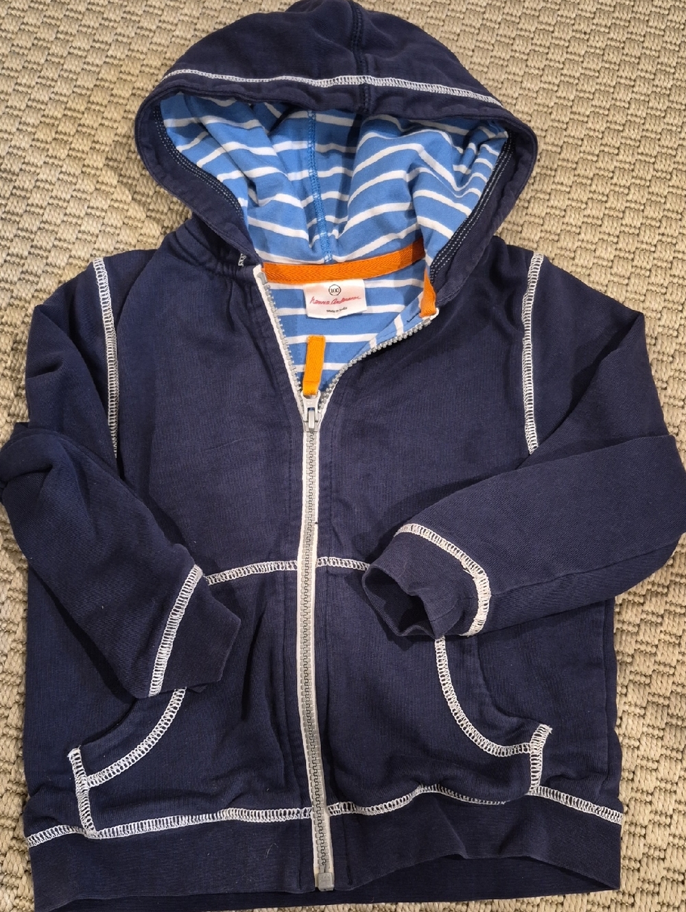 Hanna Andersson Navy Hooded Zip-Up Sweatshirt for Kids - Blue Striped Lined Hood